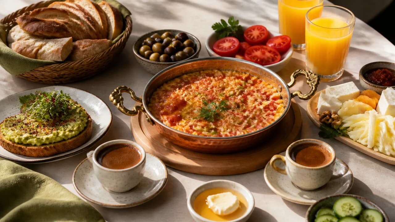 Serpme kahvaltı, Türk kahvesi, avokado toast ve portakal suyu